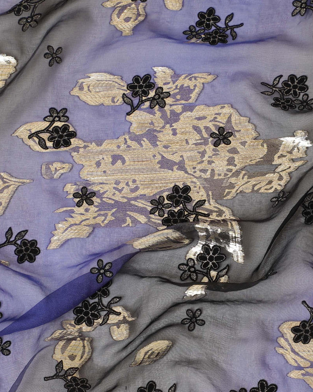 قماش شيفون من الحرير الخالص باللون الأزرق الملكي والأسود مع لوريكس معدني ذهبي به قطيع أسود وبريق بتصميم الأزهار-D8234