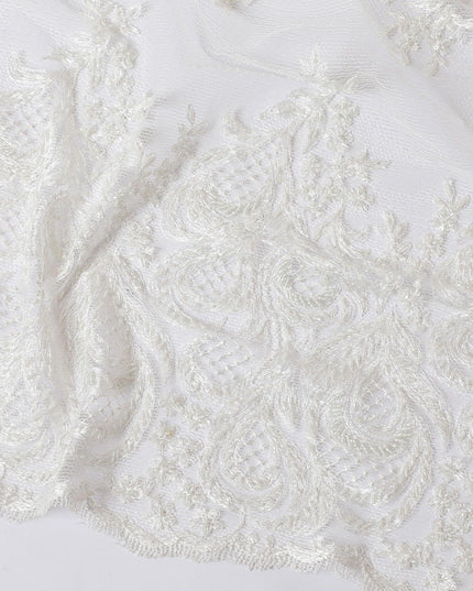 White nylon tulle fabric with same tone embroidery, bead work in floral Design-D11730