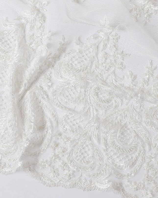 White nylon tulle fabric with same tone embroidery, bead work in floral Design-D11730 Regal Fabrics