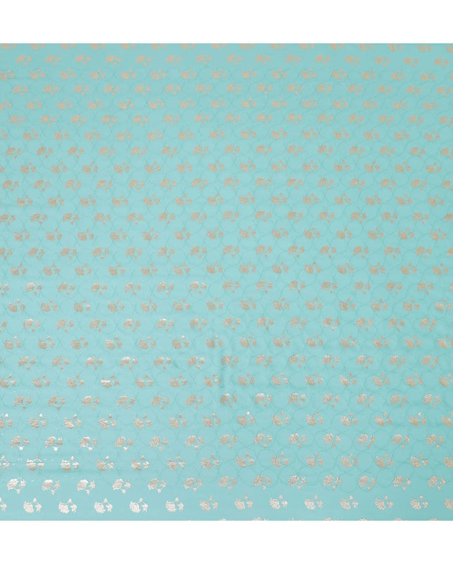 Tiffany blue synthetic georgette fabric with same tone embroidery having gold foil print in floral design-D12033 Regal Fabrics