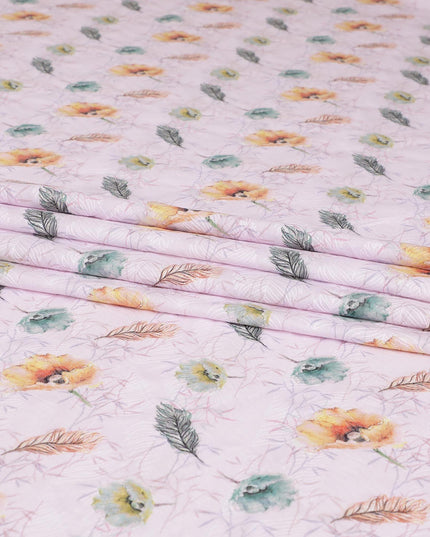 Crepe pink cotton lawn fabric with same tone embroidery having olive green and light mustard print in floral design-D7014