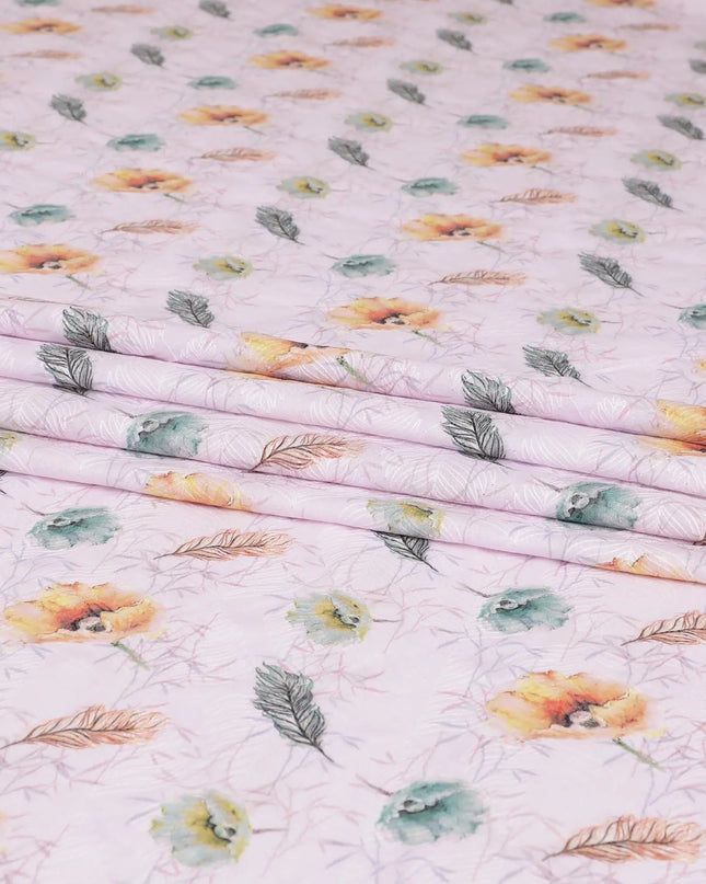 Crepe pink cotton lawn fabric with same tone embroidery having olive green and light mustard print in floral design-D7014 Regal Fabrics