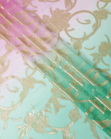 Aqua green to magenta pink Premium pure French (Fansawi) silk chiffon fabric in ombre design-D14025