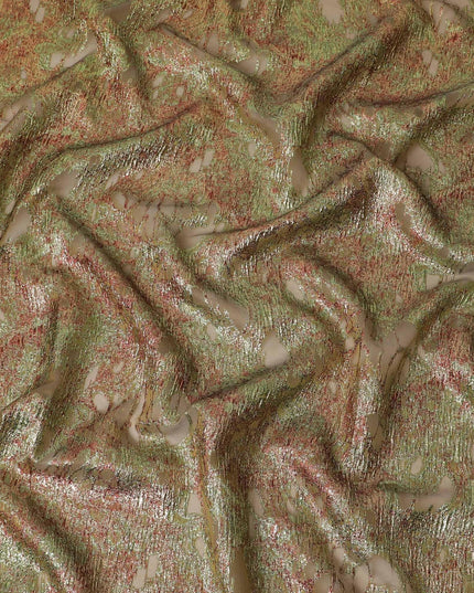 Olive green silk organza fabric with maroon and neon green metallic jacquard in fancy design-D14029 Regal Fabrics