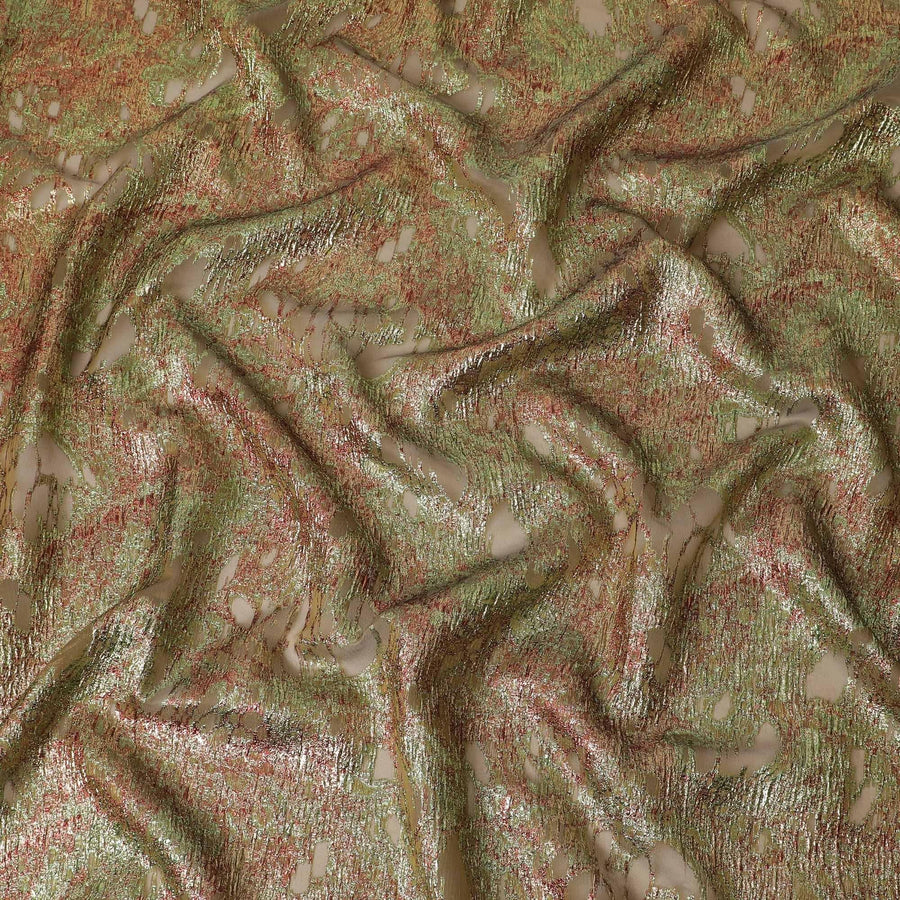 Olive green silk organza fabric with maroon and neon green metallic jacquard in fancy design-D14029 Regal Fabrics