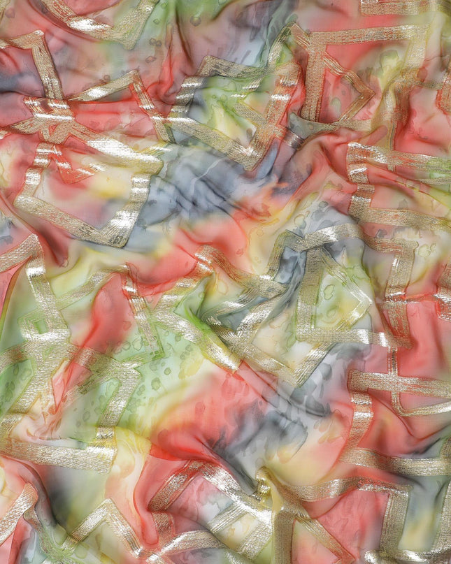 شيفون من الحرير الخالص متعدد الألوان مع لوريكس معدني ذهبي بتصميم تجريدي -D11371