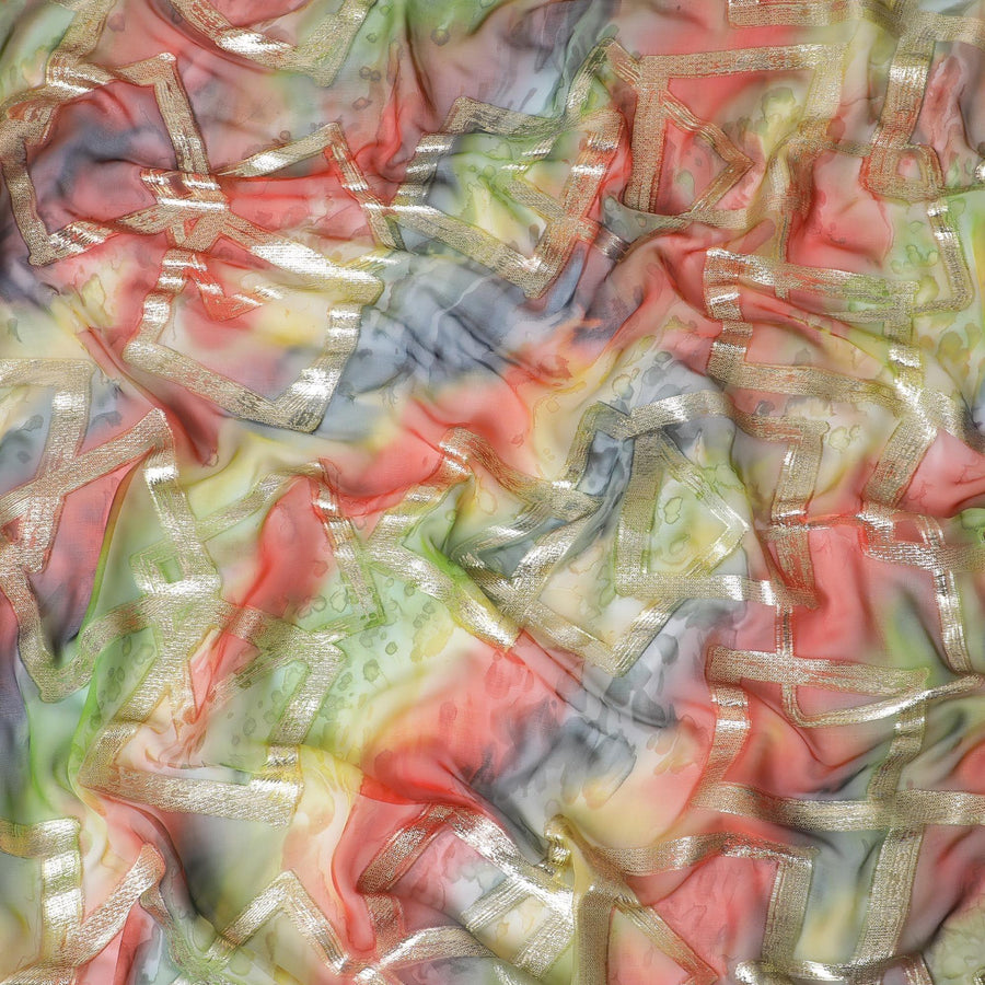 Multicolor Premium pure silk chiffon with gold metallic lurex in abstract design-D11371