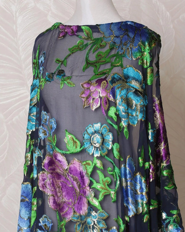 Navy blue, multicolor Premium pure silk blended velvet makmal dirac fabric with gold metallic lurex in floral design-D14871 Regal Fabrics