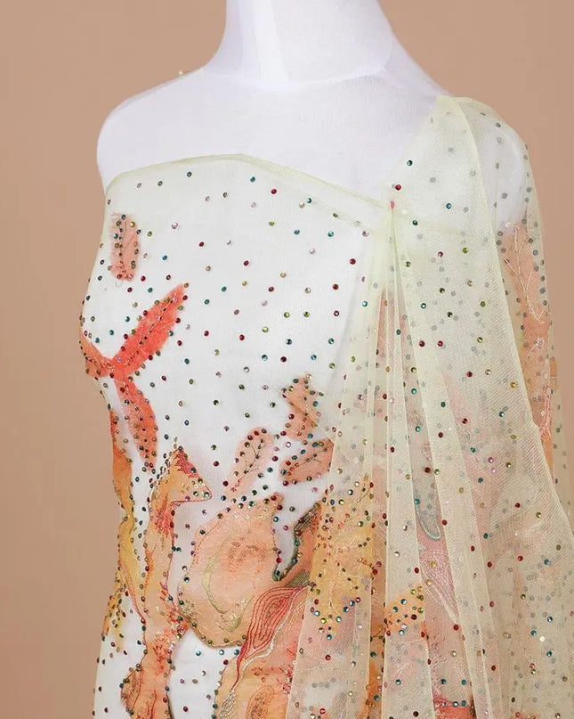 Sun flower yellow nylon tulle fabric with peach patch work having multicolor bead and stone work in leaf design-D9251 Regal Fabrics