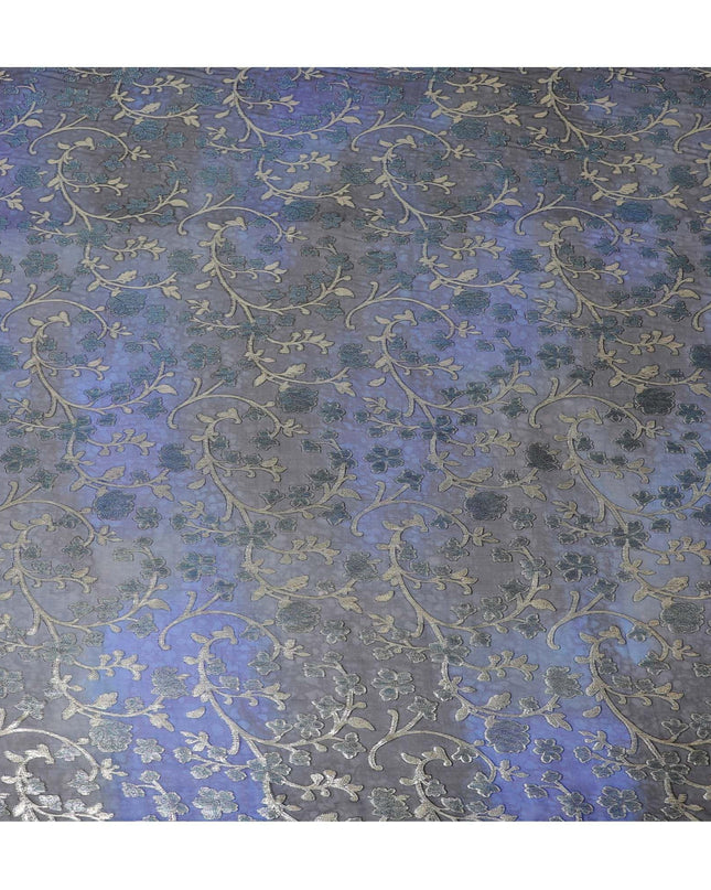 Blue Premium pure silk chiffon fabric with gold metallic lurex in floral design-D12536