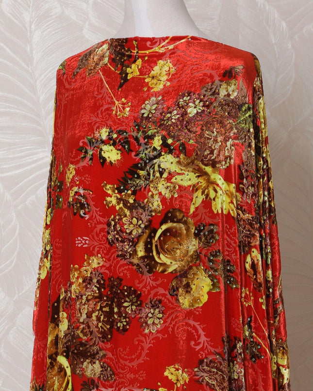Red Premium pure silk blended velvet makmal dirac fabric with multicolor print having stone work in floral design-D14889