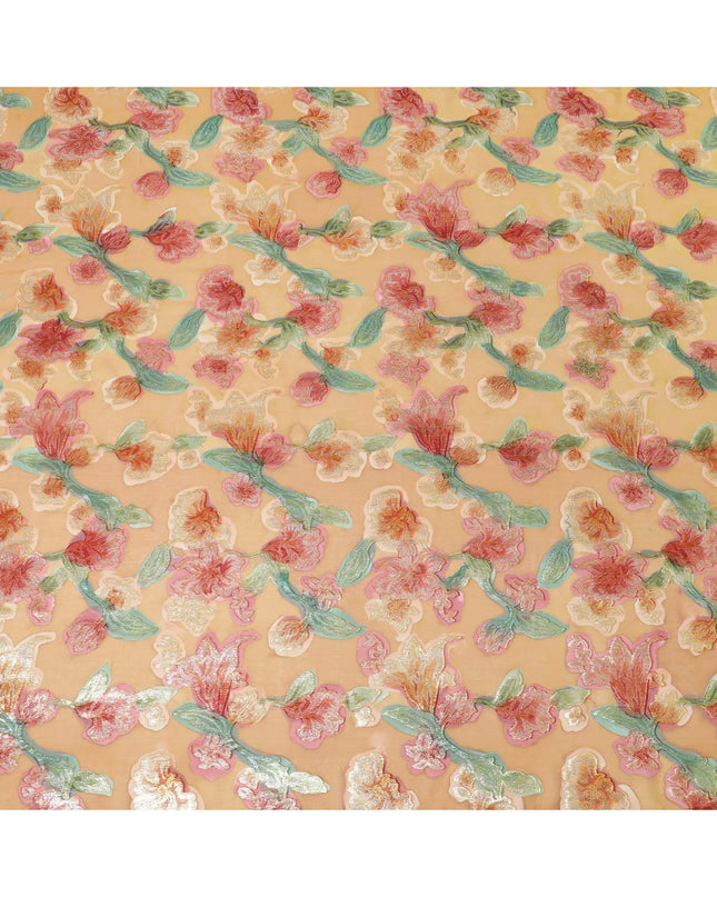 قماش شيفون حرير خالص فاخر باللون البني الخردل مع طباعة يدوية متعددة الألوان ولوريكس معدني بتصميم زهور-D10424