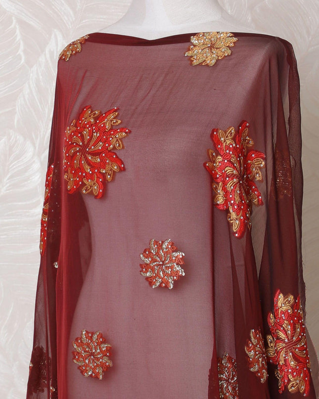 Barn red Premium pure French (Fransawi) silk chiffon dirac fabric with scarlet red, mustard yellow viscose having stone work in floral design-D15130