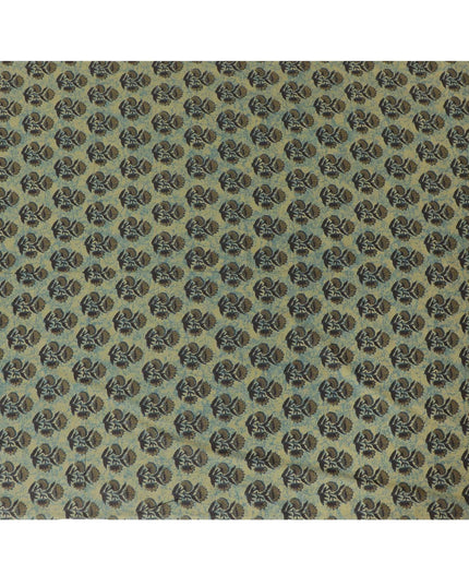 Olive green organic cotton fabric with black and Mehindi green screen block print in floral design-D10289