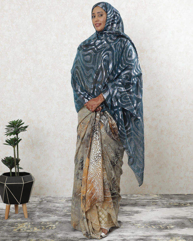 Petrol blue Premium pure French (Fransawi) silk chiffon garbasaar with blue and silver metallic lurex in abstract design-D9537