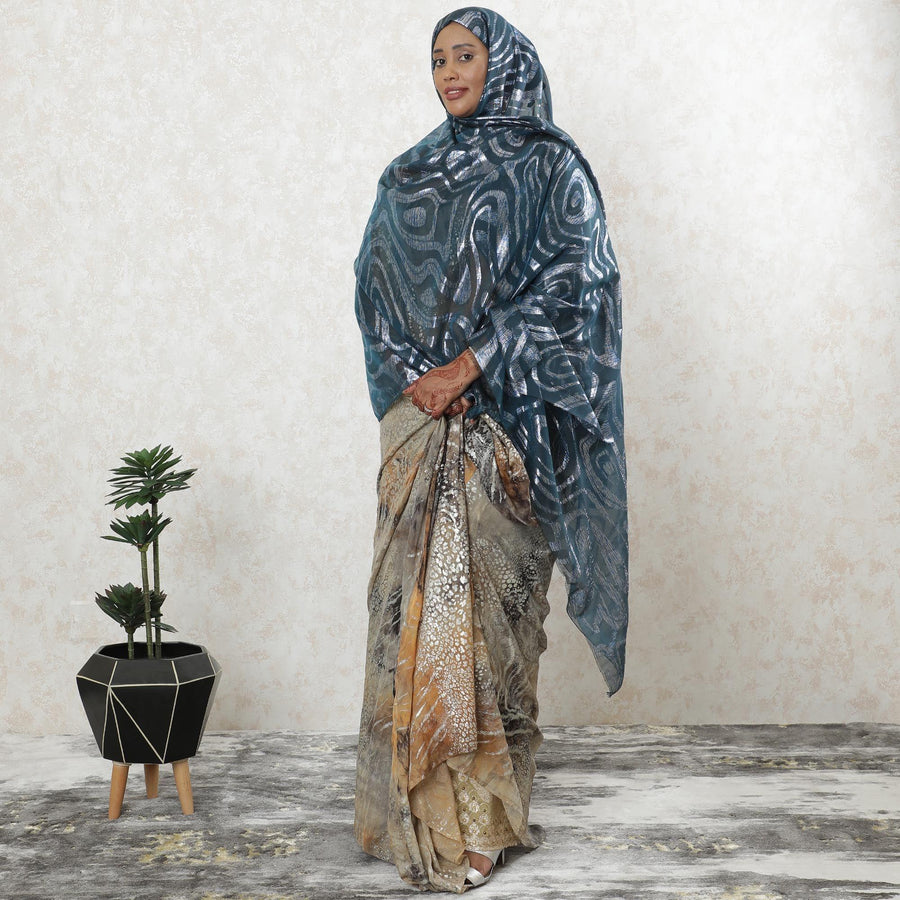 Petrol blue Premium pure French (Fransawi) silk chiffon garbasaar with blue and silver metallic lurex in abstract design-D9537