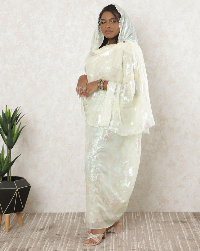 ثوب شيفون من الحرير الخالص باللون الأشقر الفاتح والأصفر الفاتح بنفس اللون واللوركس المعدني باللون الأخضر النيون بتصميم الأزهار-D11665