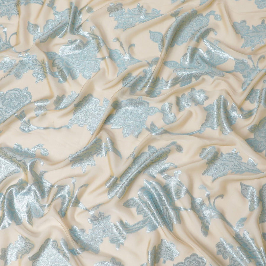 قماش شيفون حريري إيطالي خالص فاخر باللون البيج الداكن مع لوركس معدني أزرق مايا بتصميم زهور-D10799