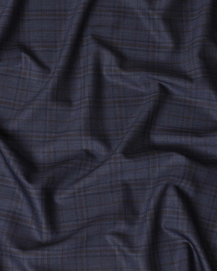 Indigo blue Premium Super 130's Italian blended wool suiting fabric with brown checks design-D10818