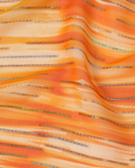 قماش شيفون من الحرير الخالص باللون البرتقالي مع لوريكس معدني ذهبي وفضي بتصميم مخطط -D13978