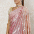 Pastel green, rose pink Premium pure French silk chiffon saree having golden metallic lurex in checks design-D12578