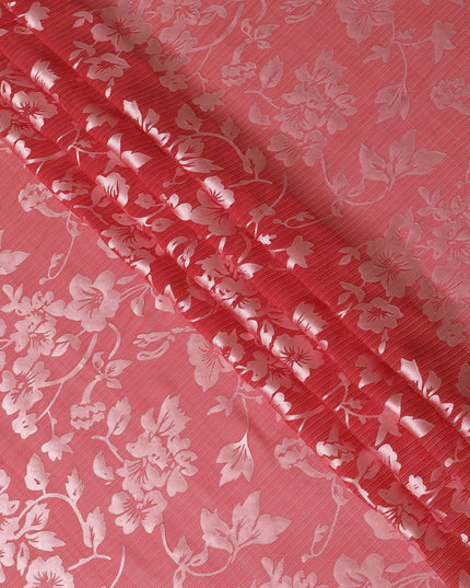 قماش شيفون من الحرير الخالص Premim باللون الأحمر مع جاكار فضي بتصميم زهور-D15322