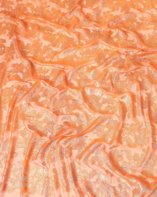 Royal Orange Premium (Fransawi) French pure silk chiffon fabric with gold metallic lurex in floral design-D9423