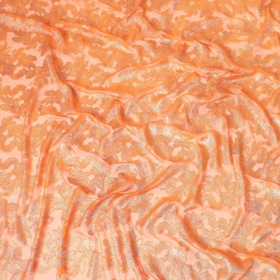 Royal Orange Premium (Fransawi) French pure silk chiffon fabric with gold metallic lurex in floral design-D9423