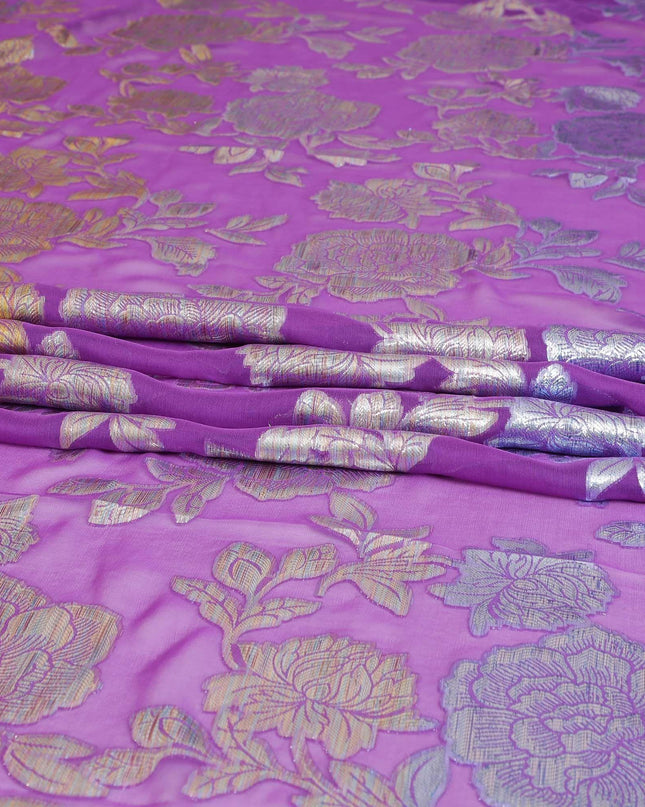 قماش شيفون من الحرير الخالص باللون الأرجواني مع لوركس معدني متعدد الألوان بتصميم زهور -D8936