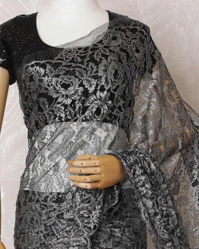 Black, Silver Premium pure French metallic chantilly lace saree in floral design-D15547