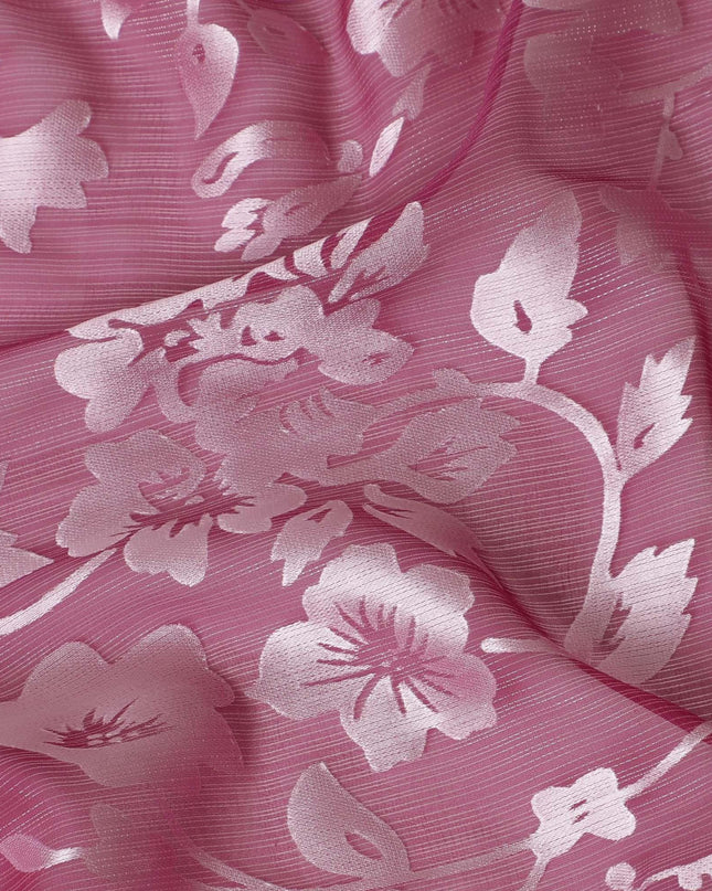 قماش شيفون من الحرير الخالص باللون العنابي مع جاكار فضي بتصميم زهور-D15320