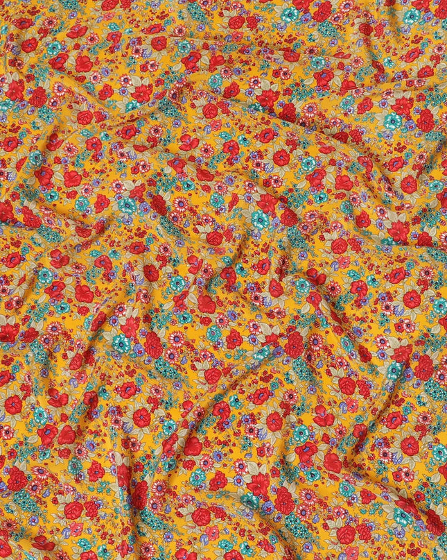 Mustard yellow silk crepe fabric with multicolor print in floral design-D8402 Regal Fabrics