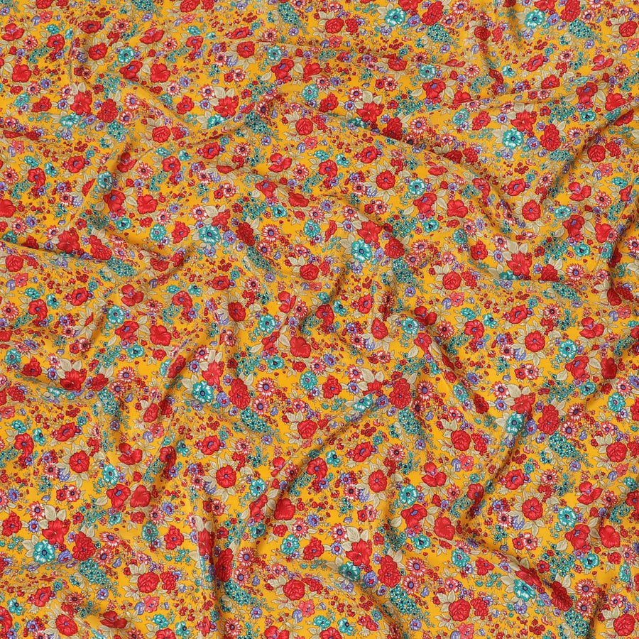 Mustard yellow silk crepe fabric with multicolor print in floral design-D8402