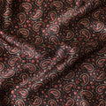 Black pure silk satin fabric with red and beige print in paisley design-D8213