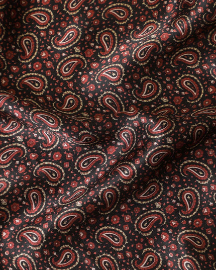 Black pure silk satin fabric with red and beige print in paisley design-D8213