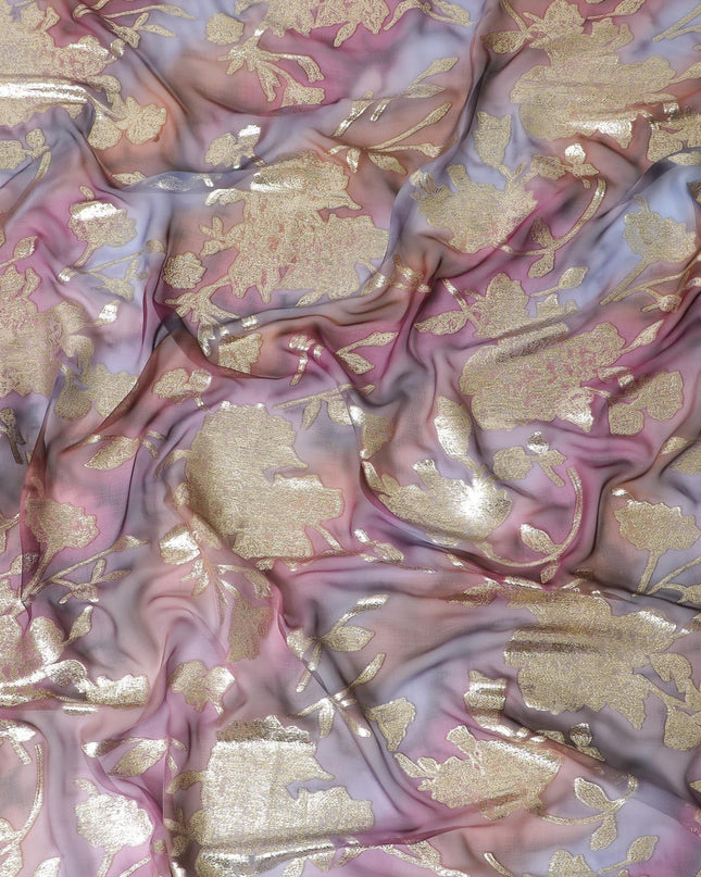 شيفون من الحرير الخالص متعدد الألوان مع لوريكس معدني ذهبي بتصميم الأزهار-D11381