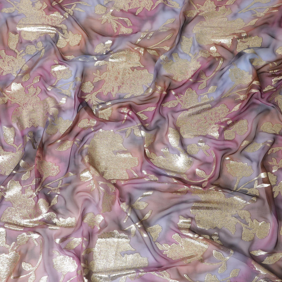 شيفون من الحرير الخالص متعدد الألوان مع لوريكس معدني ذهبي بتصميم الأزهار-D11381