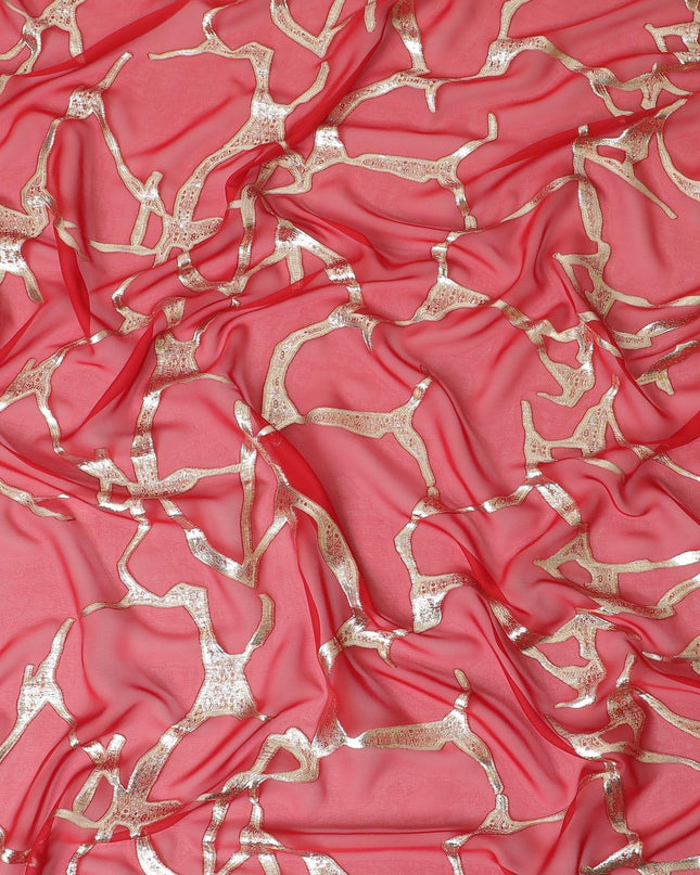 قماش شيفون من الحرير الخالص باللون الأحمر القرمزي مع لوريكس معدني ذهبي بتصميم تجريدي -D10156