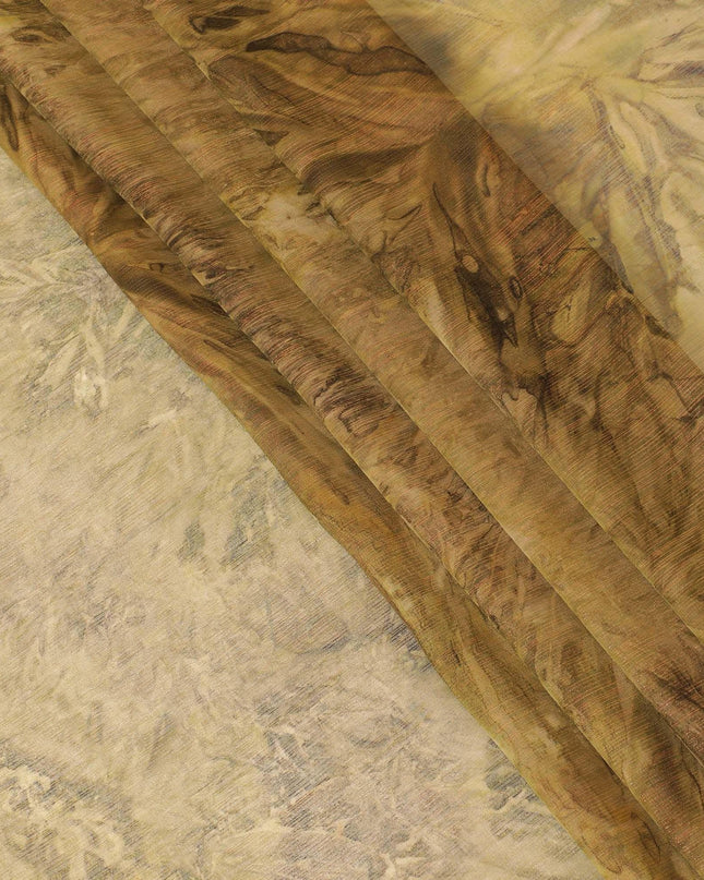 Olive green synthetic chiffon fabric with same tone, mocha brown print having pink metallic lurex in batik design-D9753 Regal Fabrics