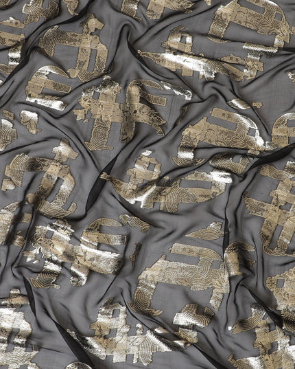 Black pure silk chiffon fabric with gold metallic lurex in fancy design-D7465