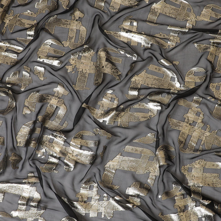 Black pure silk chiffon fabric with gold metallic lurex in fancy design-D7465