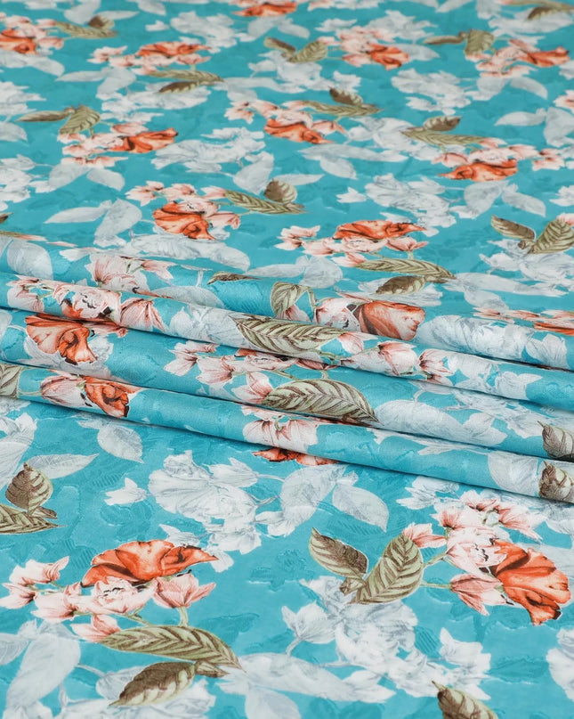 Sky blue uragiri cotton voile fabric with same tone jacquard having off white, peach and sage green print in floral design-D7339 Regal Fabrics