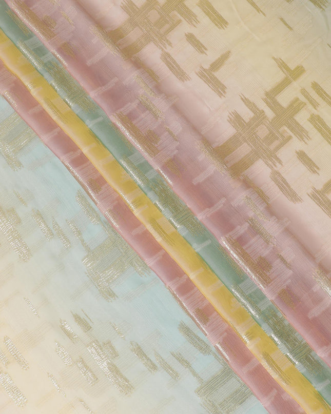 قماش شيفون حريري فرنسي (فرنساوي) فاخر متعدد الألوان مع نفس اللون من الفيسكوز والوركس المعدني الذهبي بتصميم تجريدي -D14268