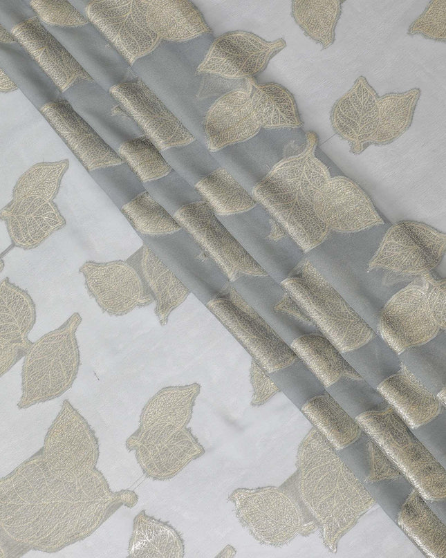 قماش شيفون من الحرير الخالص باللون الرمادي الحجري مع لوريكس معدني ذهبي بتصميم Leaf-D9716