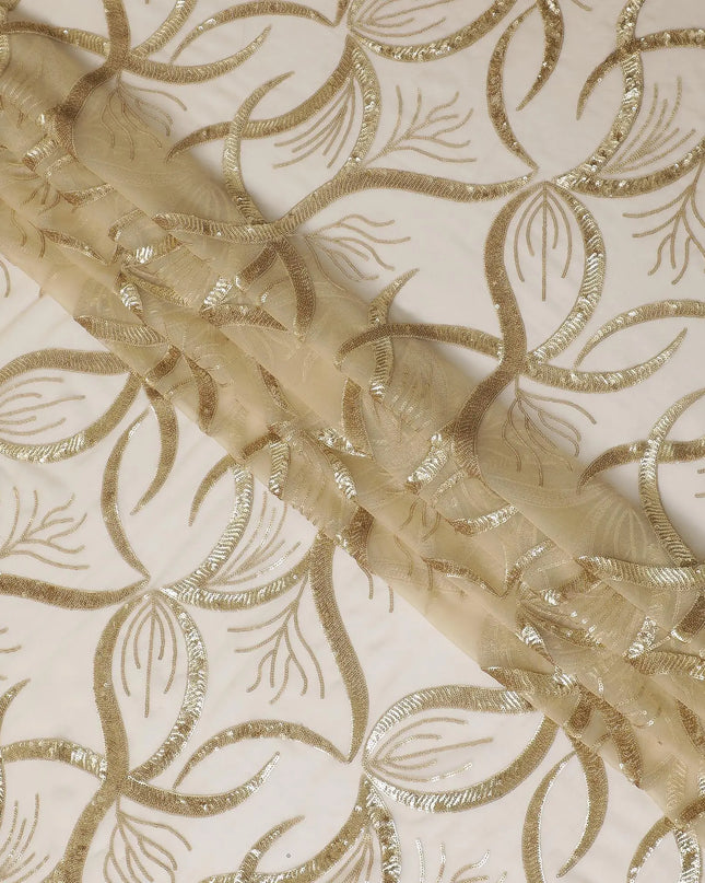 Gold premium pure silk chiffon fabric with same tone sequins embroidery in abstract design-D13619 Regal Fabrics