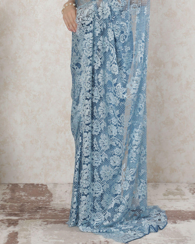 Baby blue, silver Premium pure French chantilly lace saree having stone work in floral design-D14485