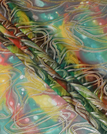 Multicolor Premium pure silk chiffon fabric with gold metallic lurex in abstract design-D14110