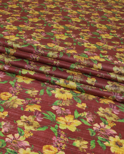 Marron tussar silk fabric with parrot green, light mustard, mint green and ruby pink print in floral design-D6141