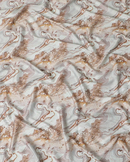 Tea green synthetic modal satin fabric with same tone and brown tie & die print in abstract design-D15017 Regal Fabrics