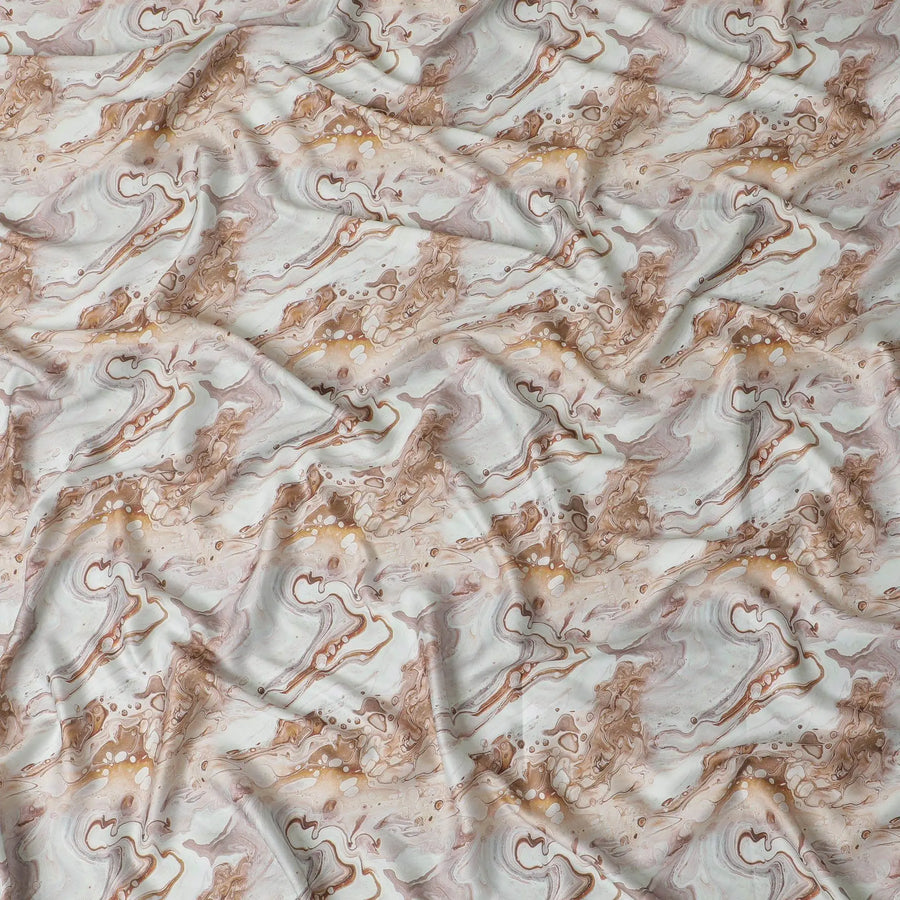 Tea green synthetic modal satin fabric with same tone and brown tie & die print in abstract design-D15017 Regal Fabrics